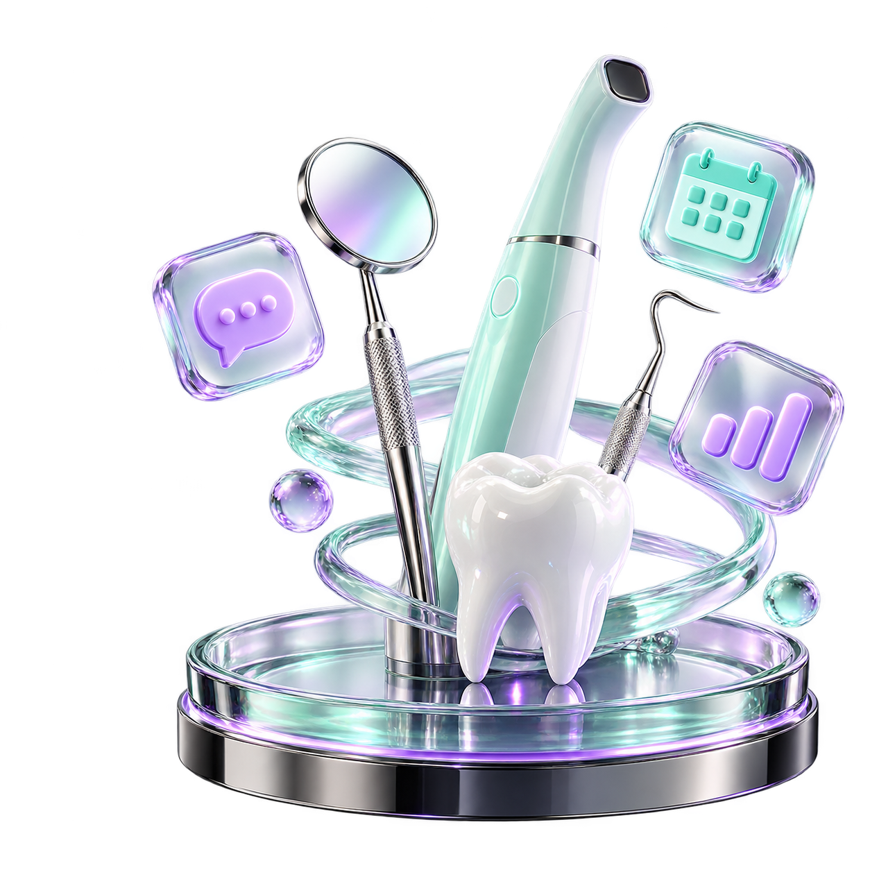 Escultura 3D de herramientas odontológicas con tarjetas de conversación, agenda y gestión, en cristal lavanda y menta